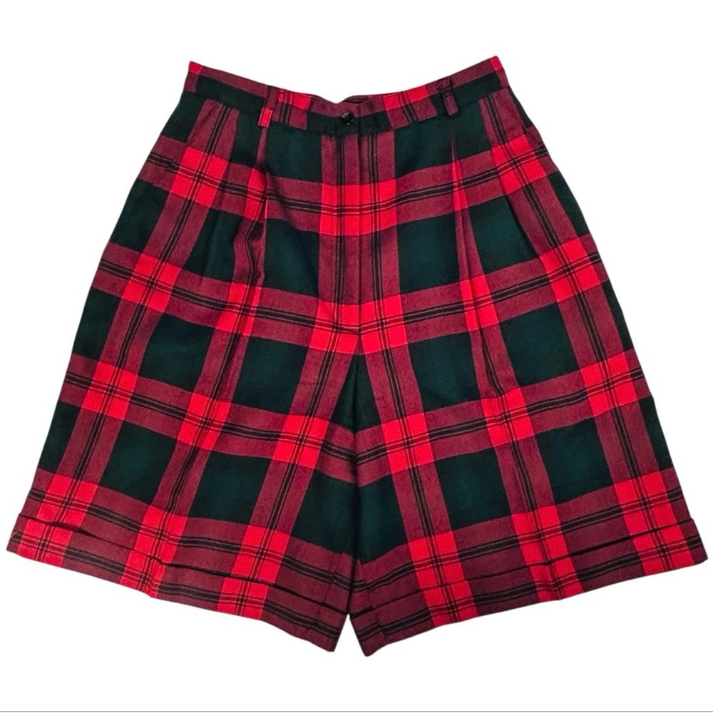 Vintage 90s Talbots Tartan Plaid High Waisted Wool Shorts 8 Petite Red Green BK